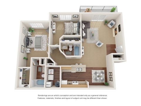 Two bedroom, two bathroom three-dimensional floor plan layout.